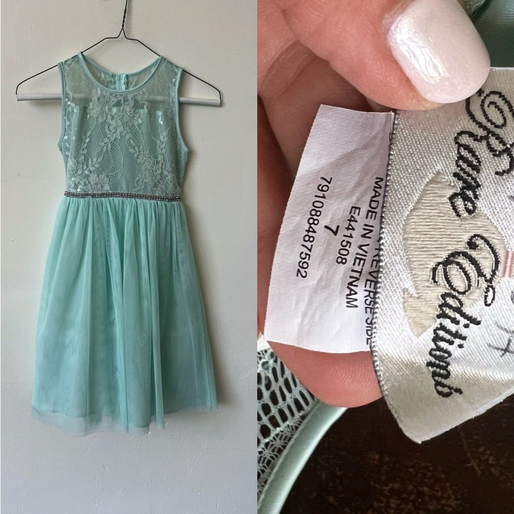Girls Rare Editions Seafoam green lace dress size 7